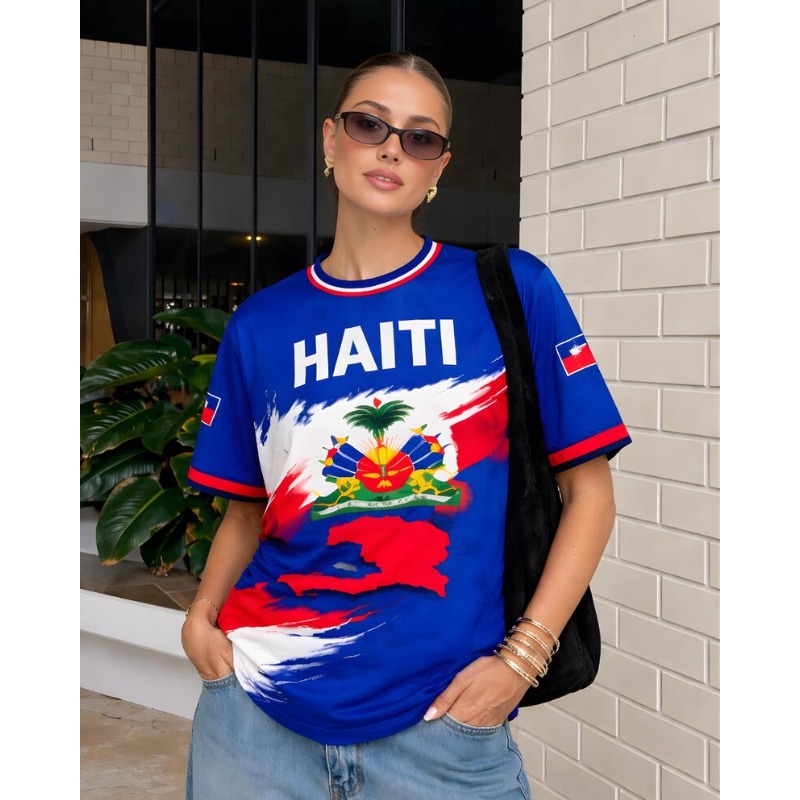 Nouveau Maillot de Foot Rétro Femme 2026 Drapeau Haïtien Col Rond Manches Courtes Respirant Coupe Ample Streetwear Décontracté