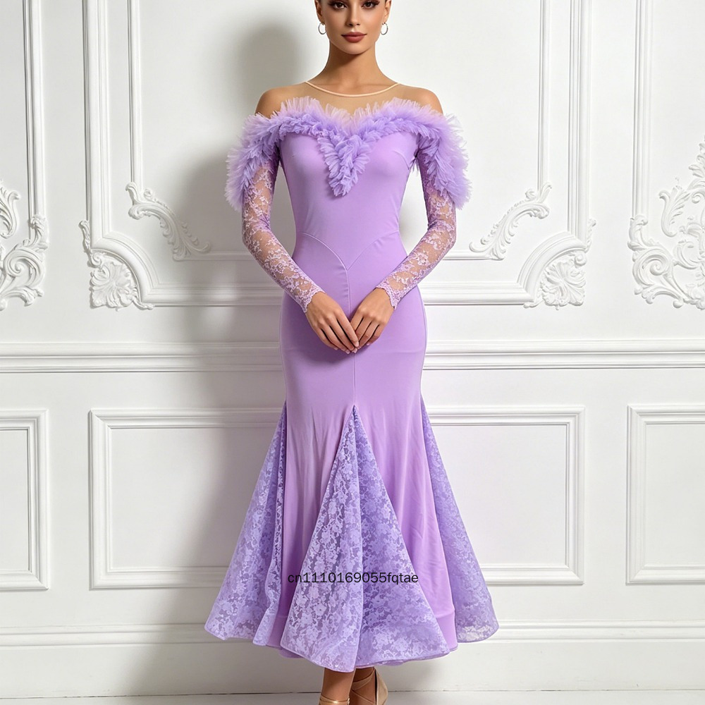 Robe de danse moderne à épaules dénudées pour femmes, manches longues, jupe évasée en dentelle, costume de danse de salon standard pour la compétition et la pratique