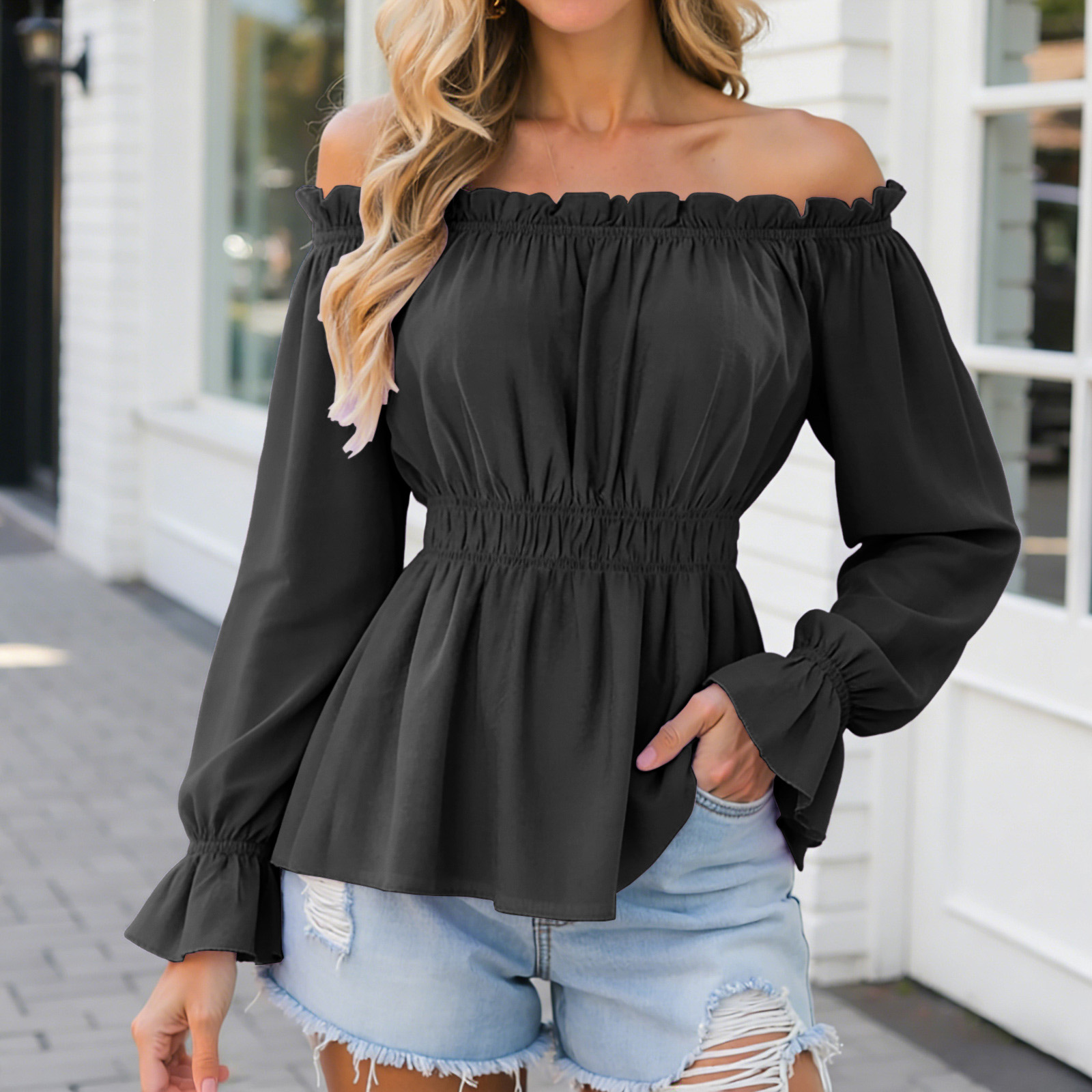 Chemisier Élégant Femme Bohème, Hauts et Blouses d'Été à Épaules Dénudées, Manches Longues à Volants, Taille Cintrée, Couleur Unie, Style Décontracté, Blusas