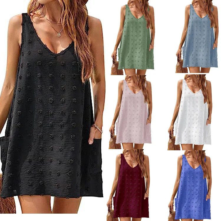 Robe de plage pour femmes, col en v, gilet ample, bretelles avec poche, T-Shirt à pompon, sans manches, longueur au sol, taille