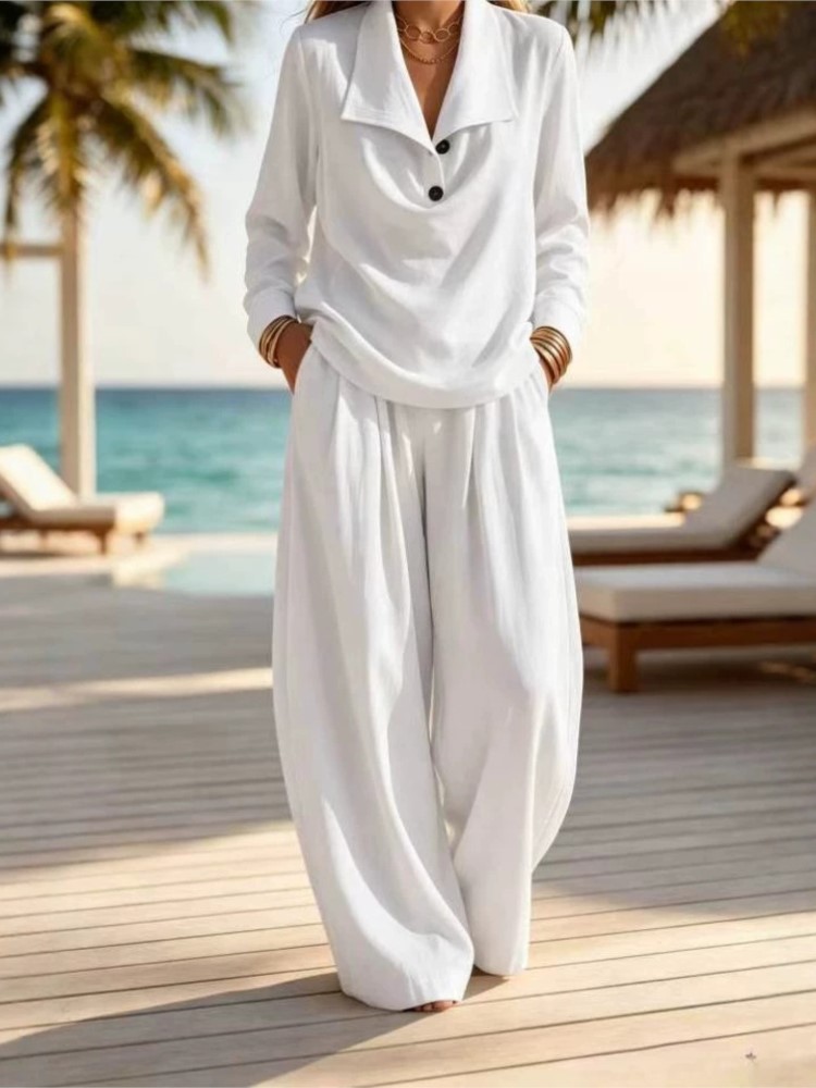 Ensemble 2 pièces pour femmes, chemisier à col à revers et manches longues, pantalon large, décontracté, blanc, idéal pour les vacances à la plage.