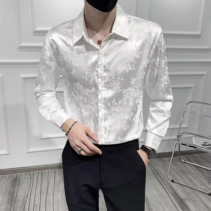 Nouveaux hommes mode coréenne haute rue luxe affaires chemise décontractée printemps revers à manches longues noir blanc mince hauts Camisas De Hombre
