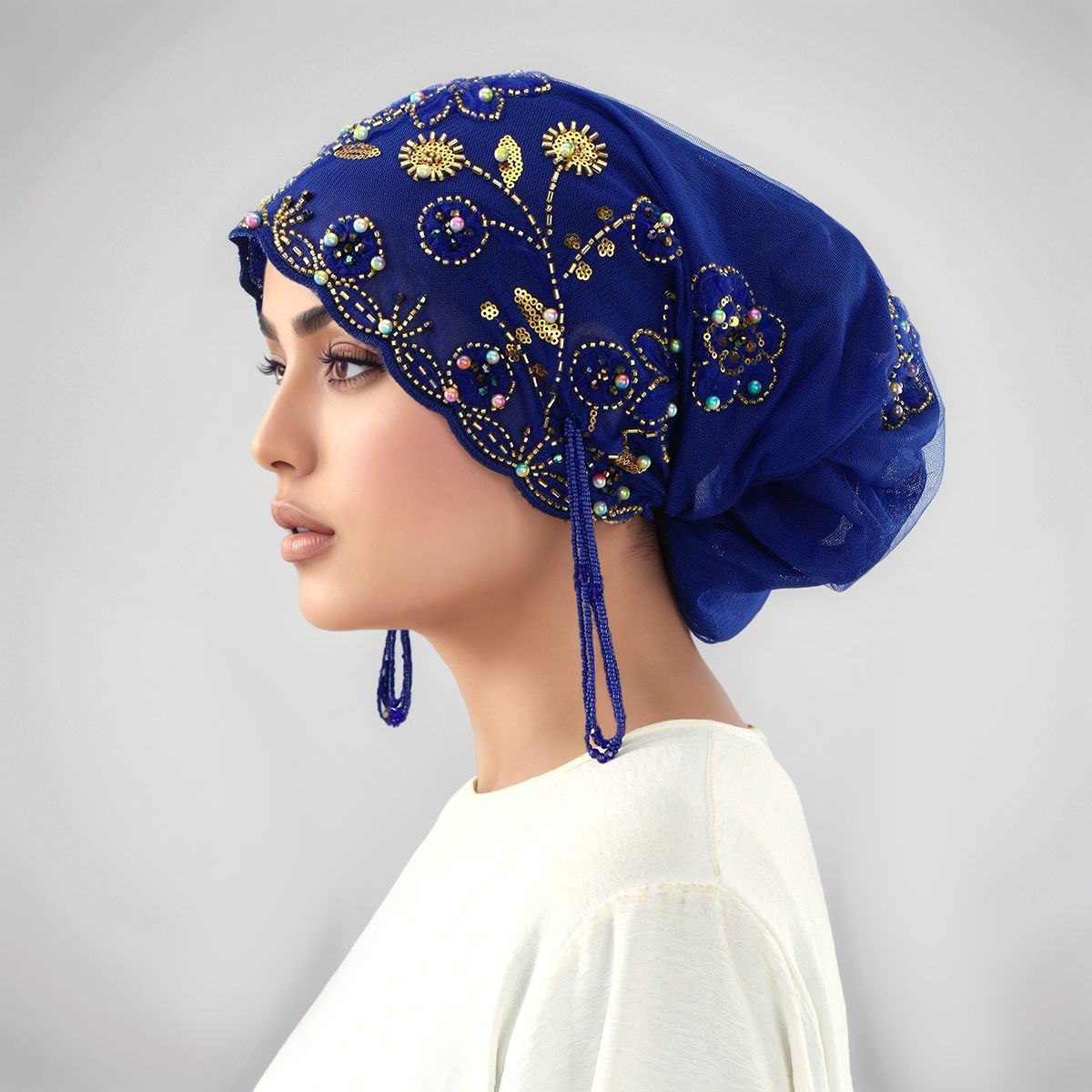 Chapeau de perles en dentelle musulmane, casquettes en tissu maille, Tube de perles associé à un fil de diamant acrylique, chapeau brodé pour femmes arabes de dubaï