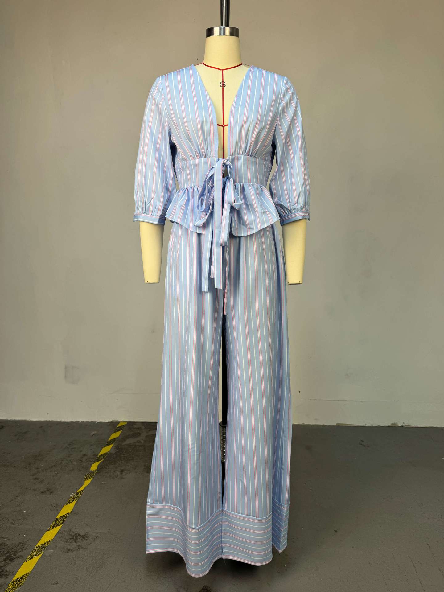 Ensemble deux pièces pour femmes, col en V, chemise à manches longues, hauts rayés, jambes larges, pantalons longs à lacets, taille haute, Streetwear Y2k, travail