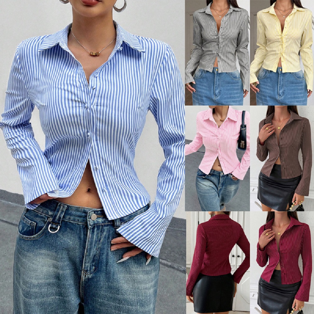 Femmes automne printemps chemises et chemisiers dames rayé à manches longues simple boutonnage chemise hauts