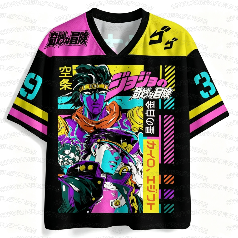 T-shirt court de sport respirant imprimé Harajuku à col en V pour hommes et femmes, motif anime populaire JOJO Jotaro Kujo, collection 2026