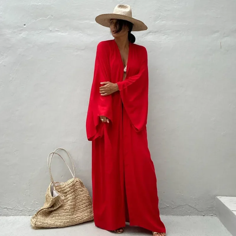 Kimono pour femme, robe de plage, cardigan, robe de plage unie, cache-maillot de bain long, sexy, ceinturé, robe d'été style bohème