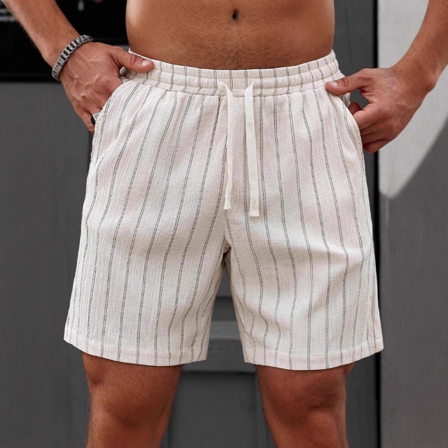 Shorts de plage décontractés en coton et lin pour hommes, taille élastique avec cordon, rayures, nouveau style été, coupe droite, non extensibles