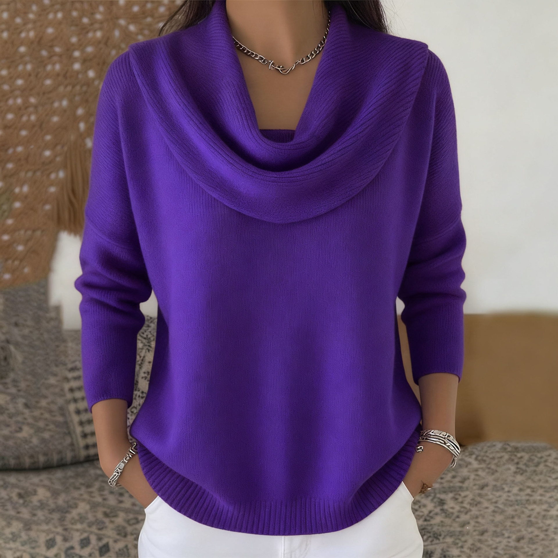 Pull à col drapé pour femme, haut en tricot simple et élégant à col rond, adapté au printemps, à l'automne et à l'hiver