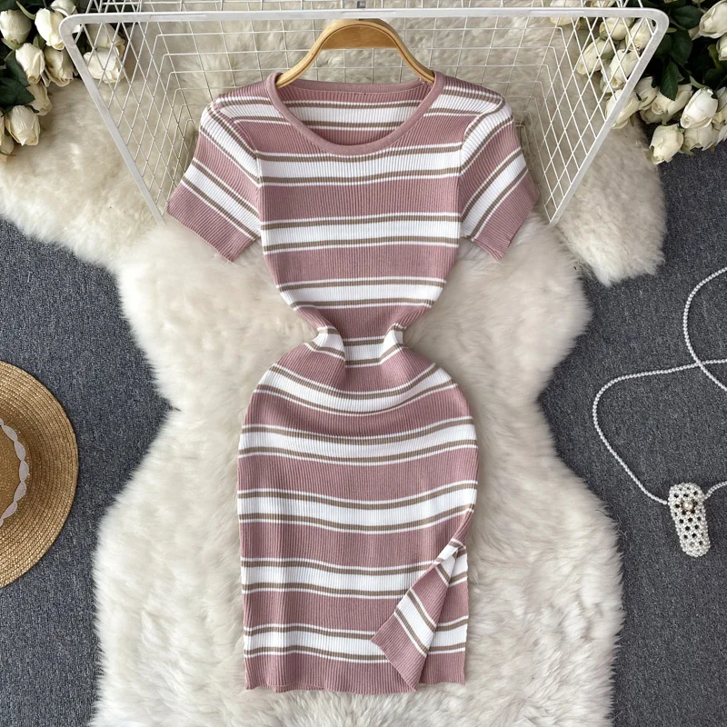 Robe mi-longue patchwork à manches courtes pour femmes, pull taille haute, robe décontractée élastique, robe sexy, vêtements de batterie con