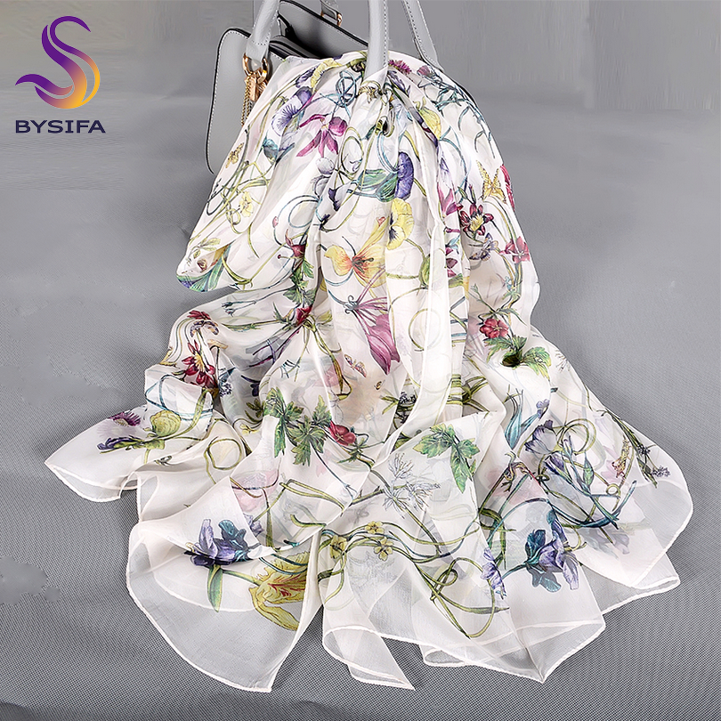 [BYSIFA] blanc 100% foulard en soie Cape mode conception florale longues écharpes femmes été Utralong plage châle hiver Scarves180*110 cm