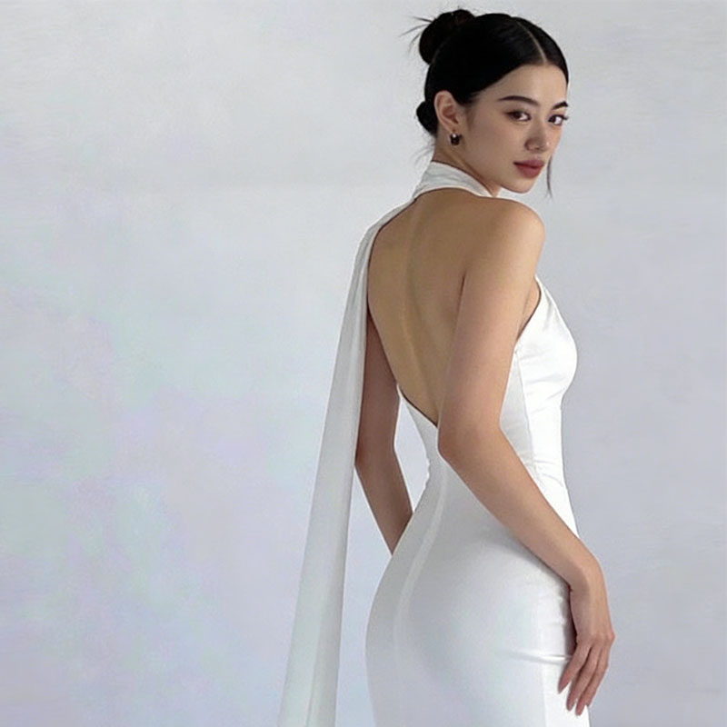 Robe de soirée sexy à épaules dénudées avec ruban, nouvelle collection printemps, couleur unie, taille haute, amincissante, pour banquets et soirées, élégante pour femme