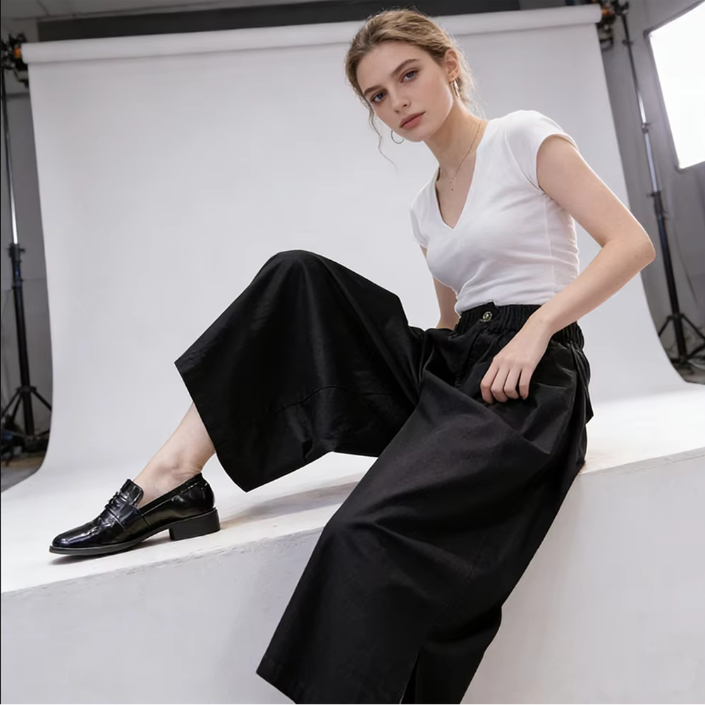 Pantalon large noir pour femme, décontracté et tendance, longueur cheville, avec poches, style 2026