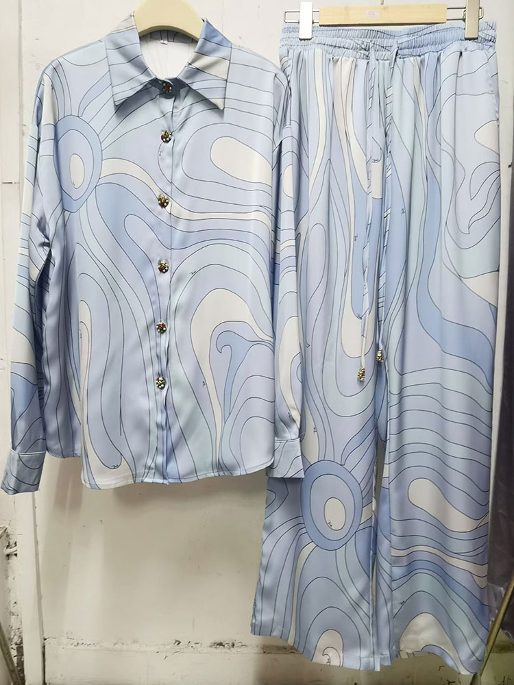 Ensemble 2 pièces pour femme : chemise à imprimé abstrait et pantalon large, élégant, chemisier à manches longues et revers, pantalon à taille élastique assorti