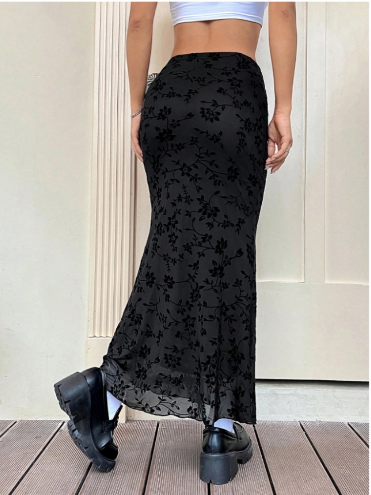 Jupe longue élégante noire pour femme, printemps 2026, décontractée, à fleurs, coupe ajustée, style sirène