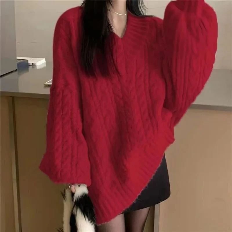 Fanan hiver femmes pull Harajuku surdimensionné tricoté pulls coréen à manches longues col en V tricots Preppy solide pull ample