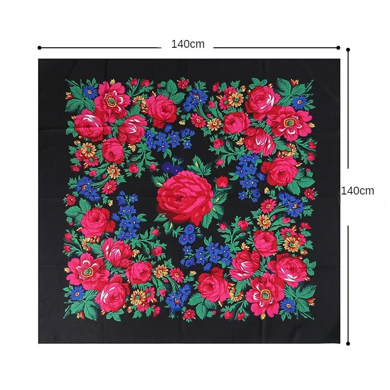 Foulard carré imprimé 140x140cm pour femmes, Style rétro russe, châle à fleurs, mouchoir Babushka, grand Hijab, enveloppe de tête
