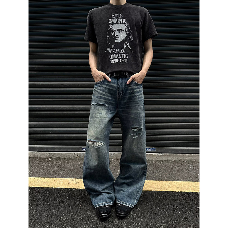 Jean pour homme robuste, délavé, multi-poches, style charpentier, coupe droite ample, décontracté, style urbain