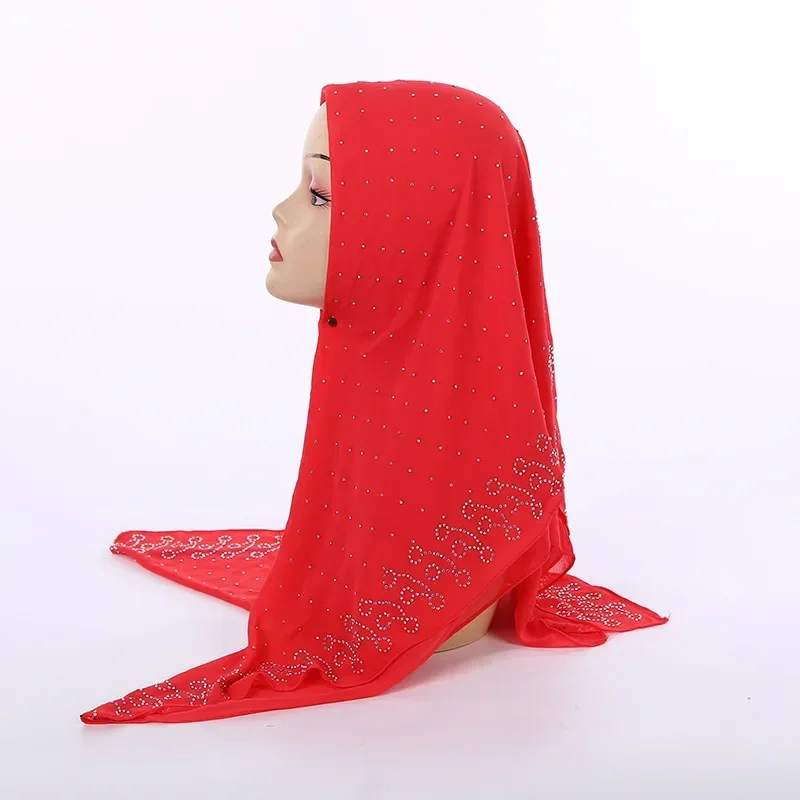 Foulard carré en mousseline de soie perlée 105x105cm, turban musulman orné de cristaux, foulard islamique avec épingle offerte