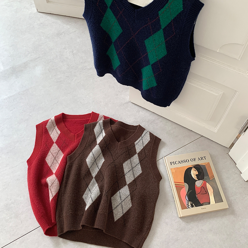 WinvyNee vêtements pour femmes tricoté laine gilet col en V Plaid réservoir vêtements d'extérieur décontractés Vintage britannique dames dessus chaud pull C1523042