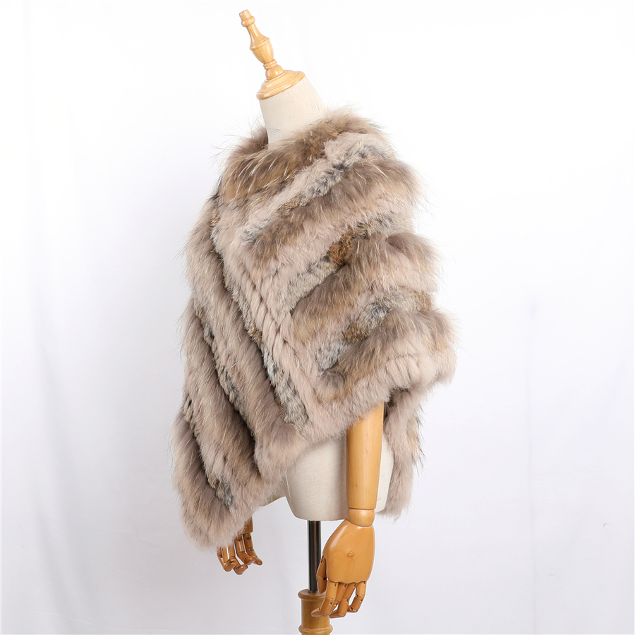 Poncho de luxe en fourrure de raton laveur véritable pour femme, pull en fourrure de lapin, cape avec fourrure naturelle, châle doux et moelleux, automne et hiver