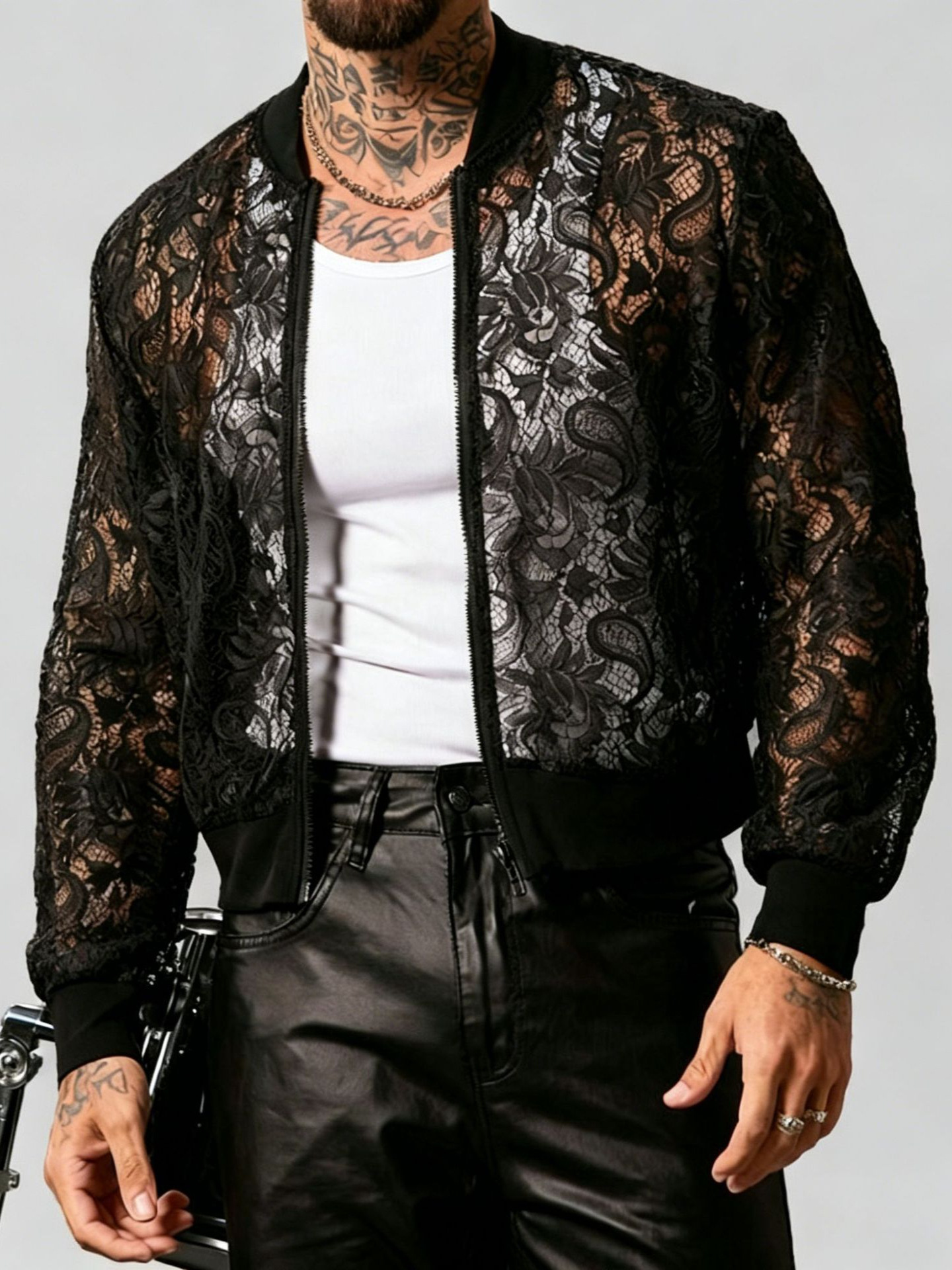 Veste en dentelle jacquard printemps-été pour hommes, style décontracté européen et américain, manteau de baseball sexy ajouré et transparent pour homme