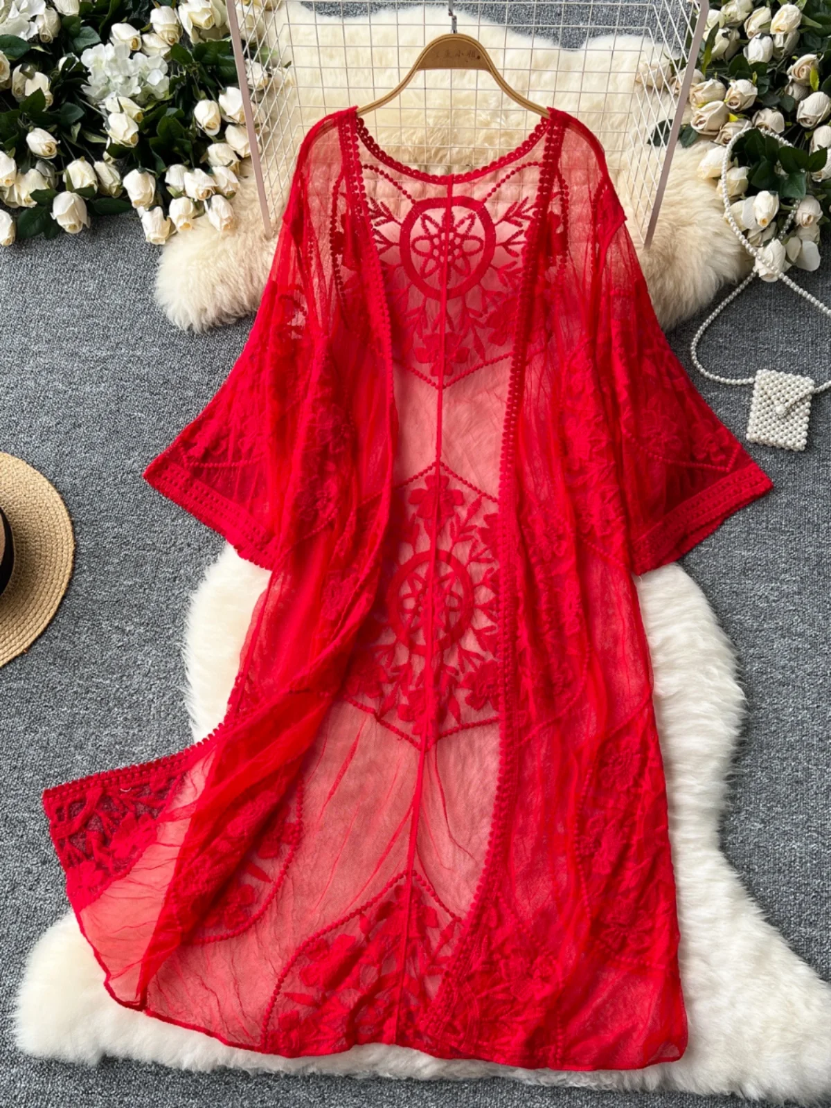 Boho-Cardigan de plage en dentelle transparente pour femmes, broderie florale, décontracté, élégant, manteau long, livraison directe, été
