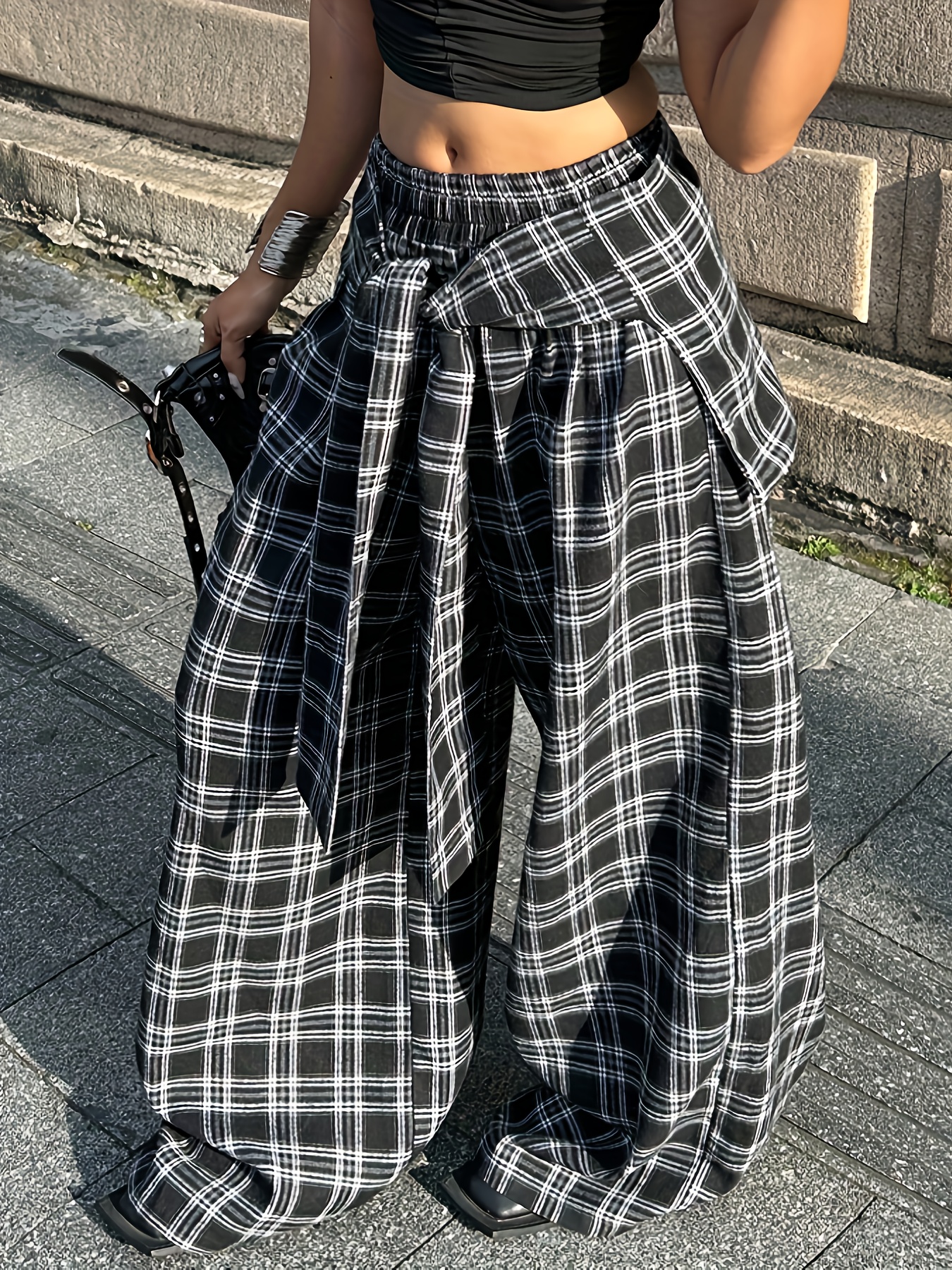 Ensemble deux pièces pour femmes, pantalon à carreaux décontracté + tablier