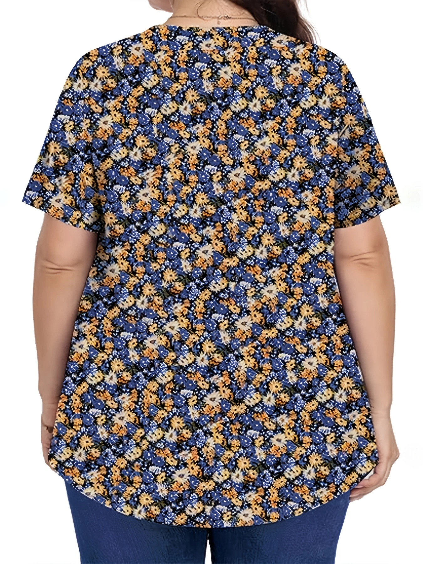 Vêtement pour femme de grande taille à imprimé floral, avec un col carré, des plis, des manches courtes et une coupe décontractée, adapté