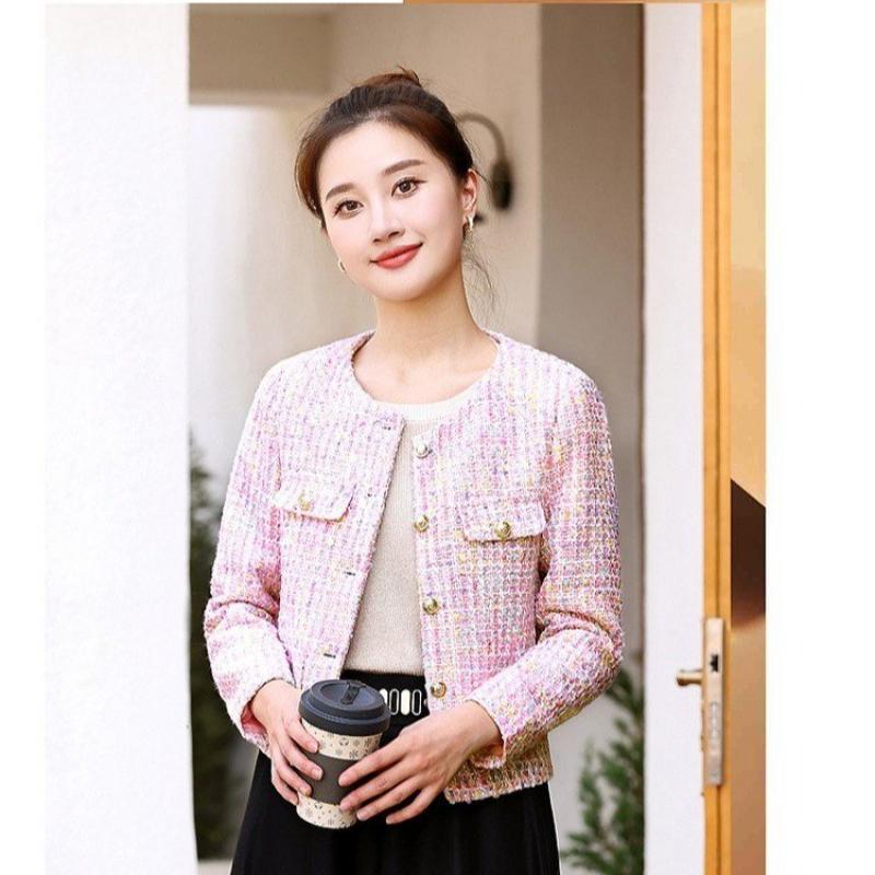 Veste coréenne en Tweed pour femmes, manteau Simple à manches longues, élégant, Slim, Chic, col rond, point ouvert, vêtements d'extérieur, nouvelle collection