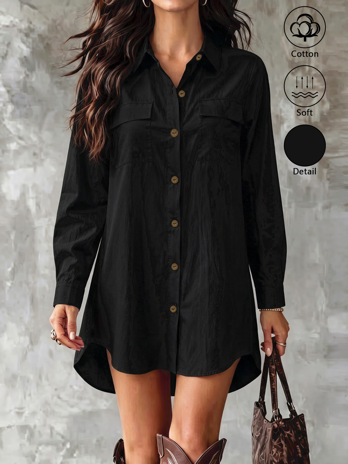 Robe chemise pour femme 100 % coton à manches longues, avec col, fermeture boutonnée, poche poitrine et ourlet asymétrique.