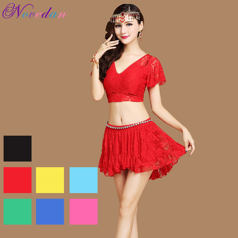 Ensemble de costume de danse du ventre avec jupe, robe en dentelle, manches évasées, col en V, sexy, fête, été