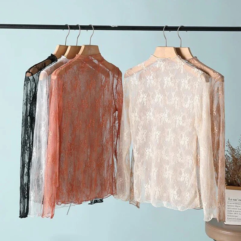 Nouvelle chemise en dentelle florale pour femme, manches longues, sexy, en maille, col montant, pull-over, haut de printemps-automne