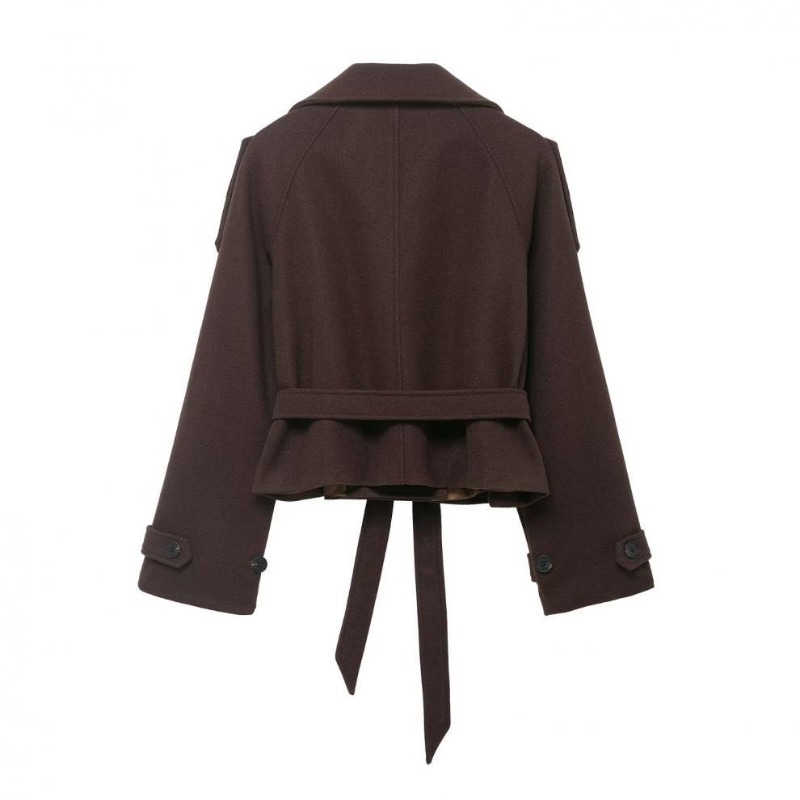 Manteau court chic pour femme à col revers et ceinture, double boutonnage, manches longues, couleur unie, pour l'automne et l'hiver