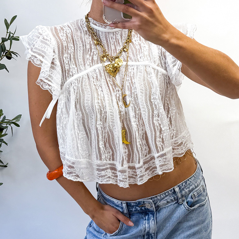 Haut court sexy transparent en dentelle et maille pour femme, style babydoll, coquette, féerique, sans manches et à volants