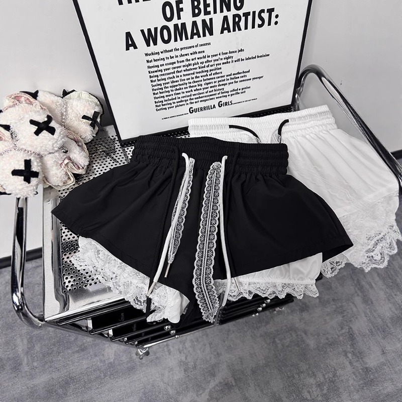 Nouveaux shorts coréens pour femmes, taille haute, décontractés, patchwork, dentelle, jambes larges, bandage chic, pantalons courts d'été pour femme