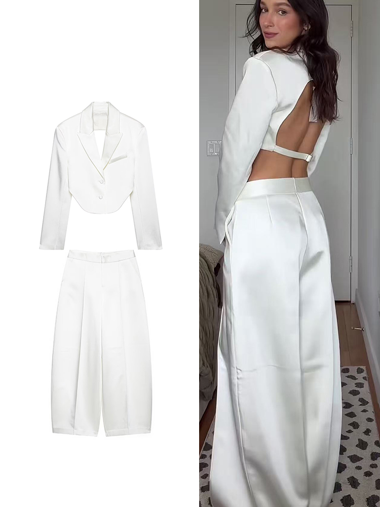 Ensemble tailleur décontracté TFMLN pour femme : Blazer court en satin à revers et dos nu, pantalon large coupe ballon – Nouvelle collection 2026