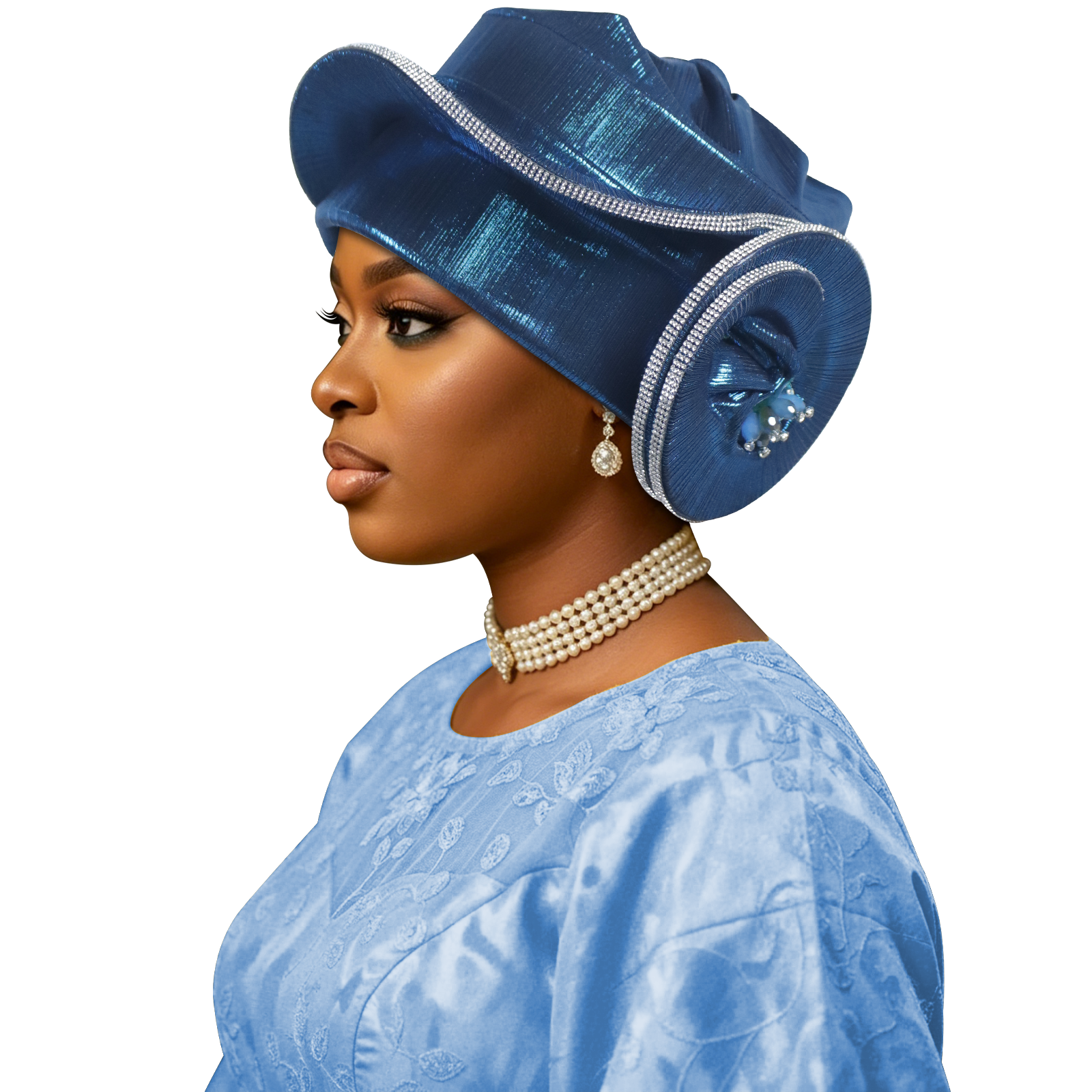 Turban Béret Spirale de Luxe en Strass pour Femme, Foulard Africain Auto-Gélé, Coiffe Nigériane pour Mariage et Fête