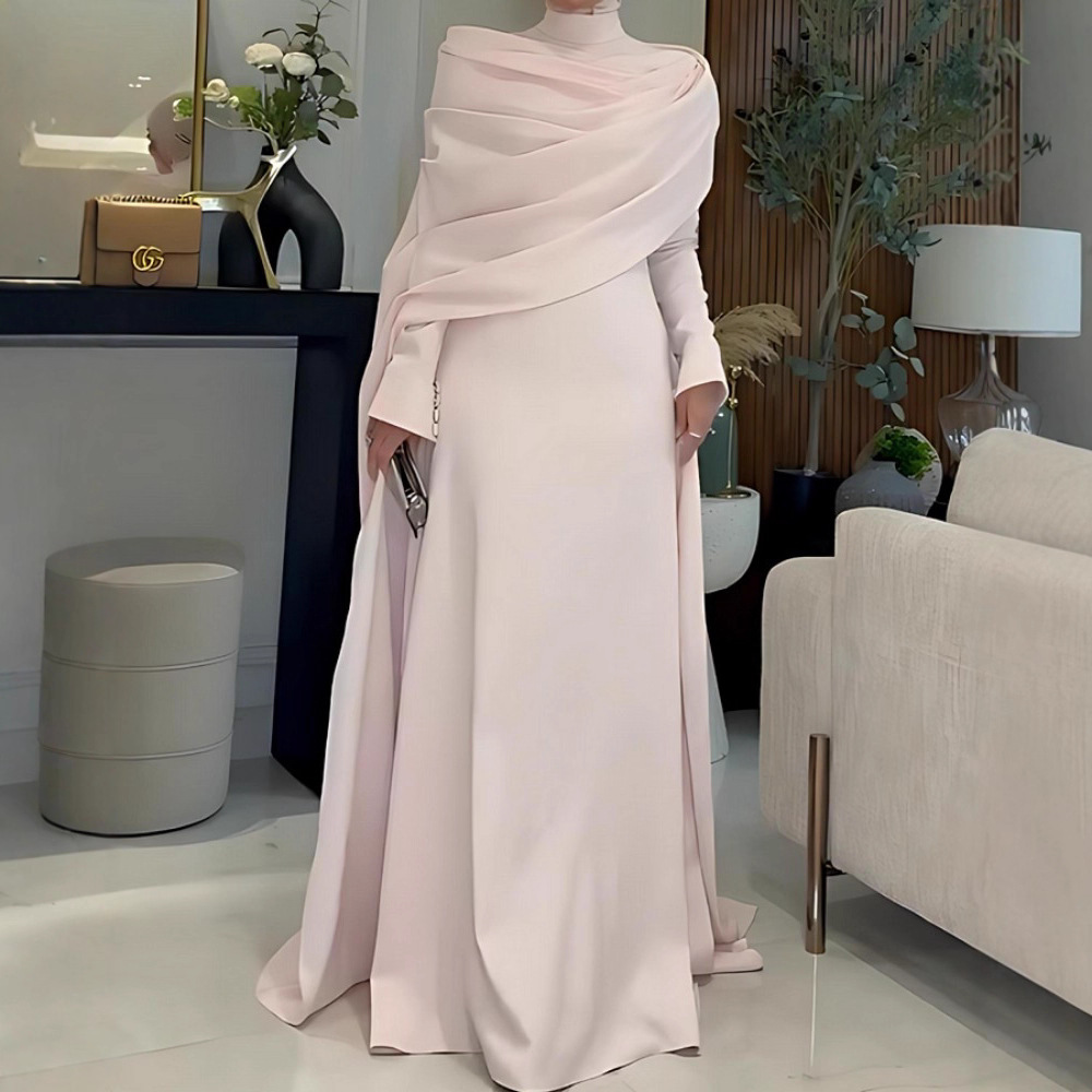 Robe longue moulante à manches longues style châle pour femme, élégante et gracieuse, avec grand ourlet, idéale pour les banquets, les rendez-vous, les trajets quotidiens et les soirées.