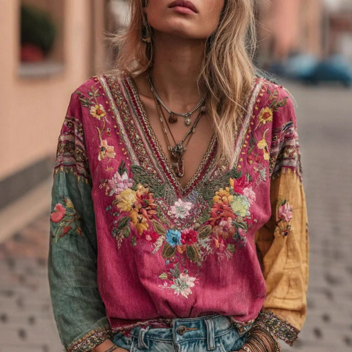 Chemise décontractée à col en V imprimée pour femmes, chemises à manches longues, hauts à la mode, style bohème, vintage, vêtements de printemps pour femmes