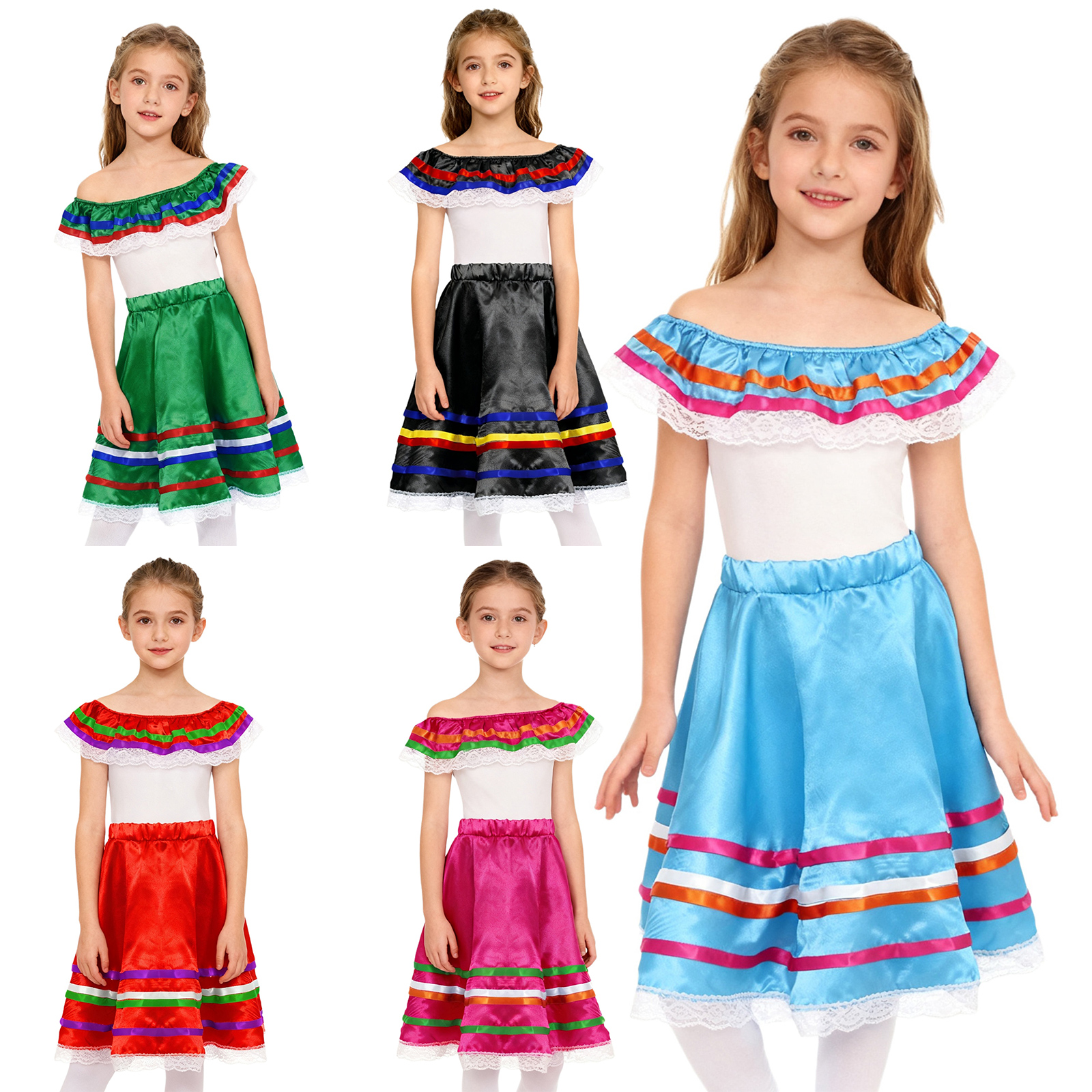 Robe de danse Flamenco mexicaine 2 pièces pour filles, tenue à épaules dénudées, haut à volants avec jupe, ensemble d'activités mexicaines, Costumes de carnaval