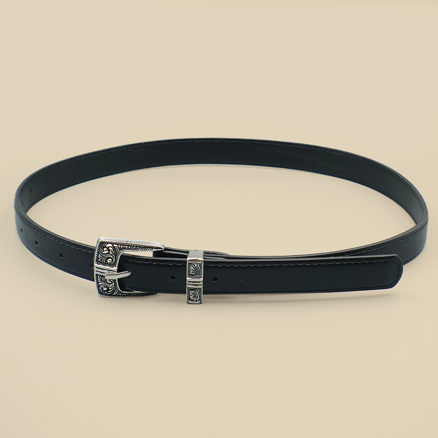 Ceinture pour femmes à bordure noire, couleur unie, ceinture quotidienne décontractée, boucle en alliage sculpté en argent, Date de déplacement quotidien, accessoires de mode