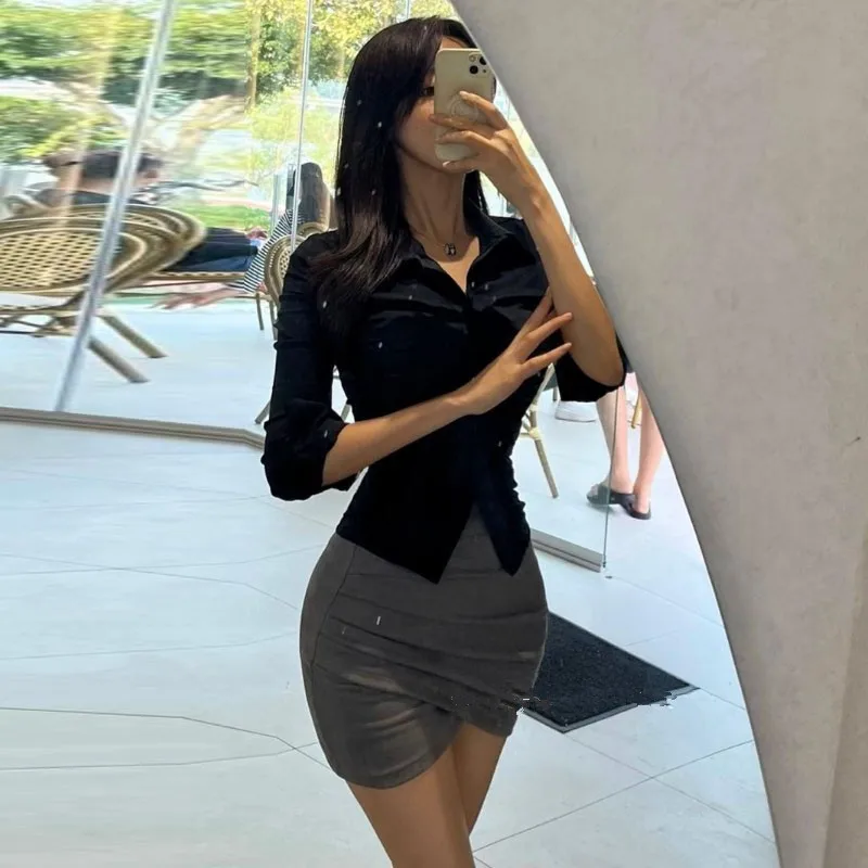 Chemise blanche moulante à manches longues pour femmes, chemisier, haut, fouet, niche, sexy, mince, mode coréenne, chaud, vêtements pour filles