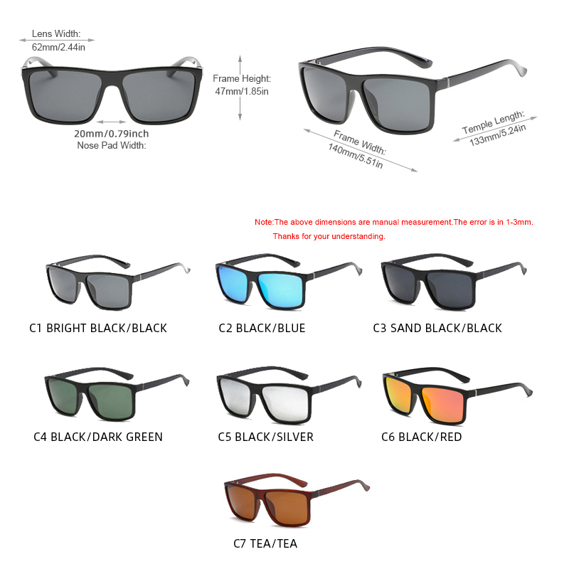 Lunettes de soleil polarisées carrées noires classiques pour hommes, miroir de mode bleu, unisexe, Vintage, Anti-éblouissement, nuances de conduite UV400