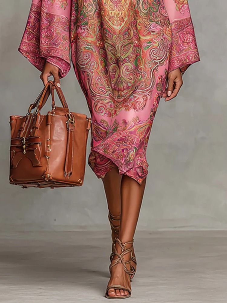 UOOZEE femmes Vintage élégant imprimé col haut caftan Robe manches longues ample élégant soirée robes mi-longues Robe 2026 nouveau