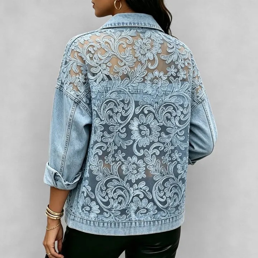 Veste en jean décontractée pour femme avec patchwork de dentelle transparente, boutonnée, coupe ample, manches longues, style streetwear tendance