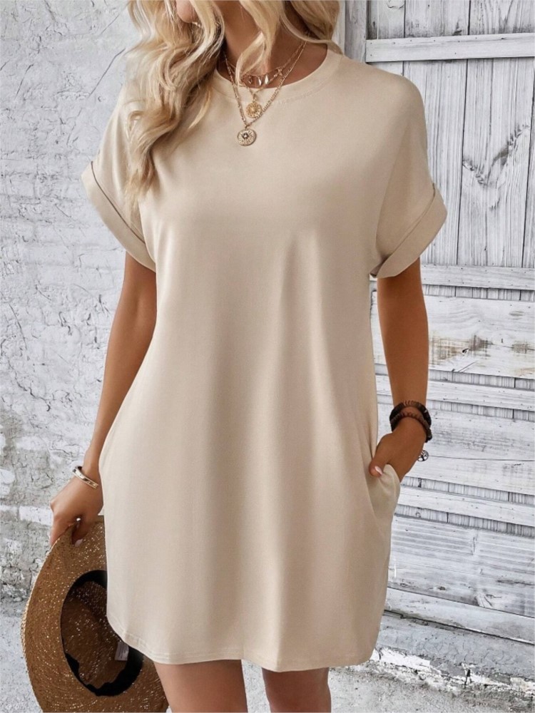 Robe de plage Style Boho Resort pour femmes, couleur unie, col rond, ample, manches courtes, poches, Mini, nouvelle collection été 2024