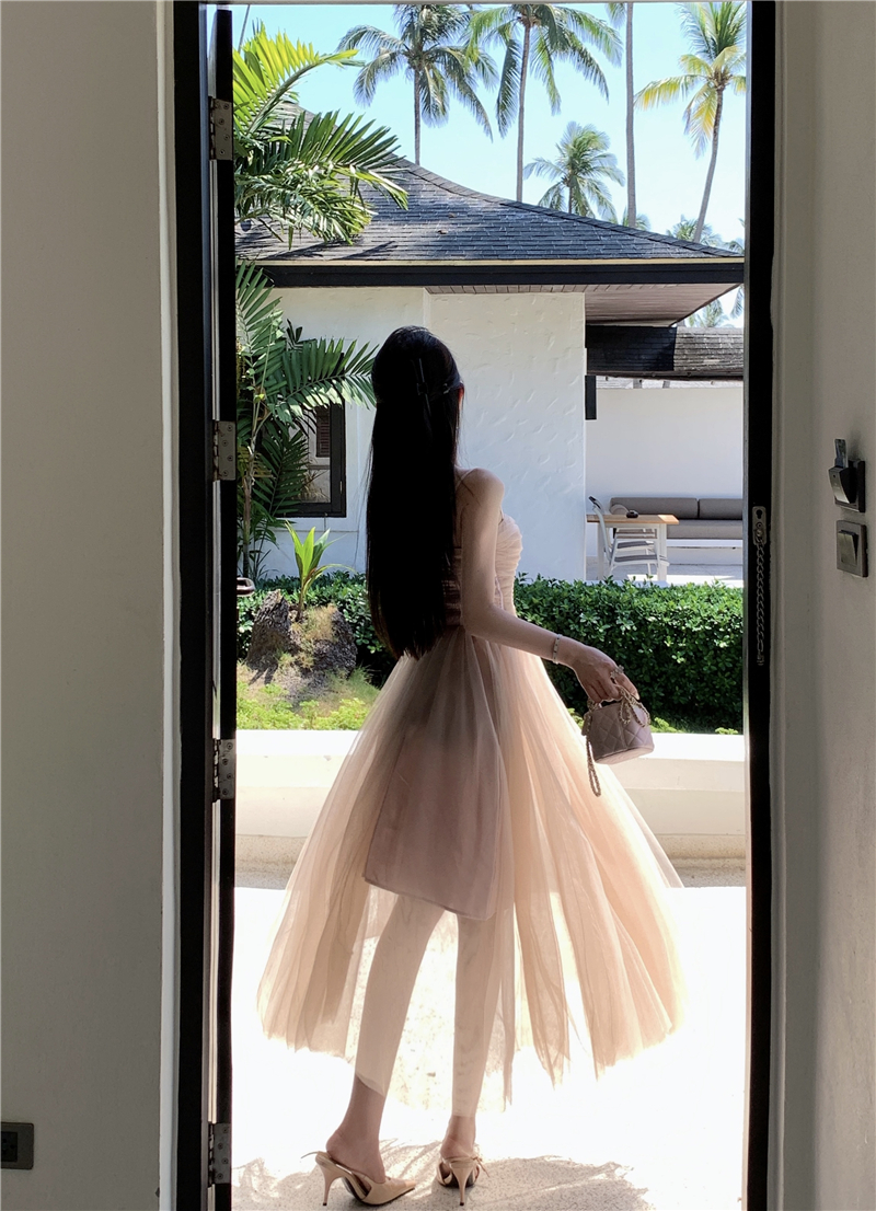 Robe de Ballet française pour femmes, sans manches, col Slash, maille, Patchwork, princesse, douce et élégante, mode d'été, robes de soirée