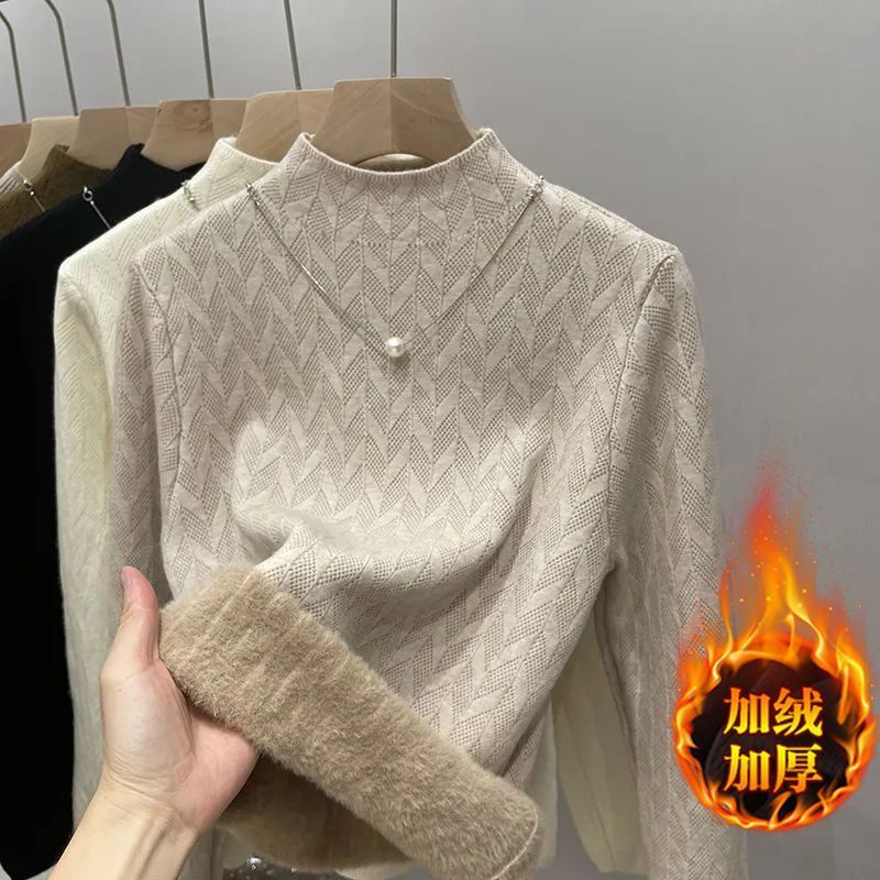 Pull pour femmes hiver peluche velours doublé épaissir demi col roulé respectueux de la peau Jacquard rayures pull thermique hauts pull