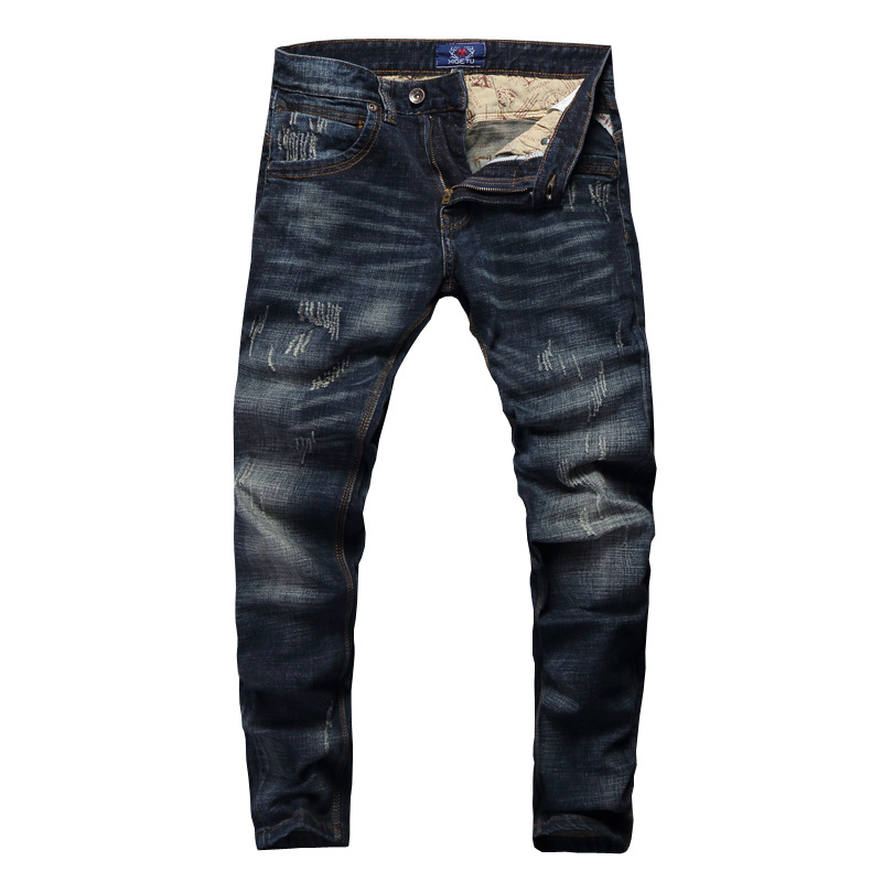 Nouvellement créateur de mode hommes jean rétro vert bleu coupe ajustée déchiré jean hommes pantalon Vintage décontracté coton Denim pantalon Hombre